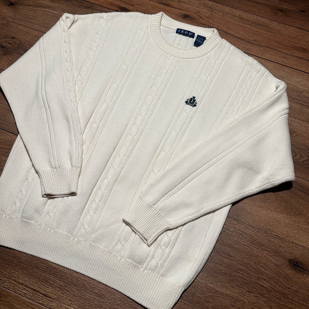 Vintage Izod Cream Cable Knit Sweater Mens Large